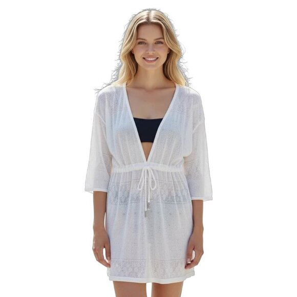 Eyelet lace swim coverup. SZ Large. White. Deep V neck. Tassel tie at waist. Sun - Picture 1 of 14